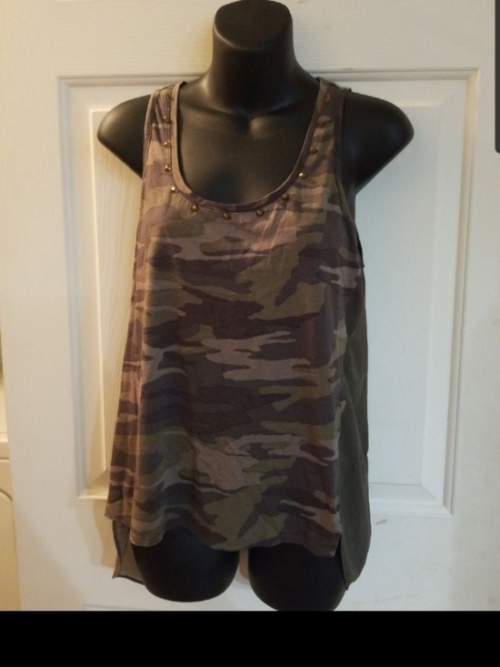 Express Tops - Express Camo Tank Top with Stud Trim - Olive & Brown